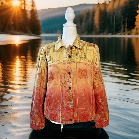 Chico's Fall Tribal Boho Patchwork Embroidered Denim Jean Jacket Art-to-Wear 1M - Picture 1 of 10